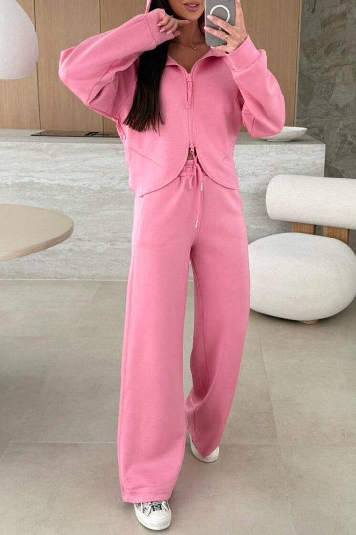 Women's Pink Solid Color Zip Up Hoodie Drawstring Loose Pants Set