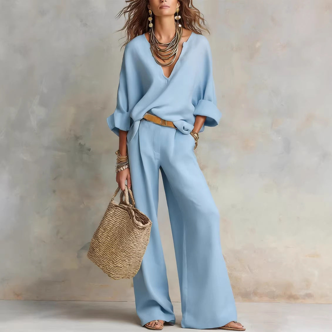 Women's Casual Linen Three-Quarter Sleeve Top & Full-Length Pants Set