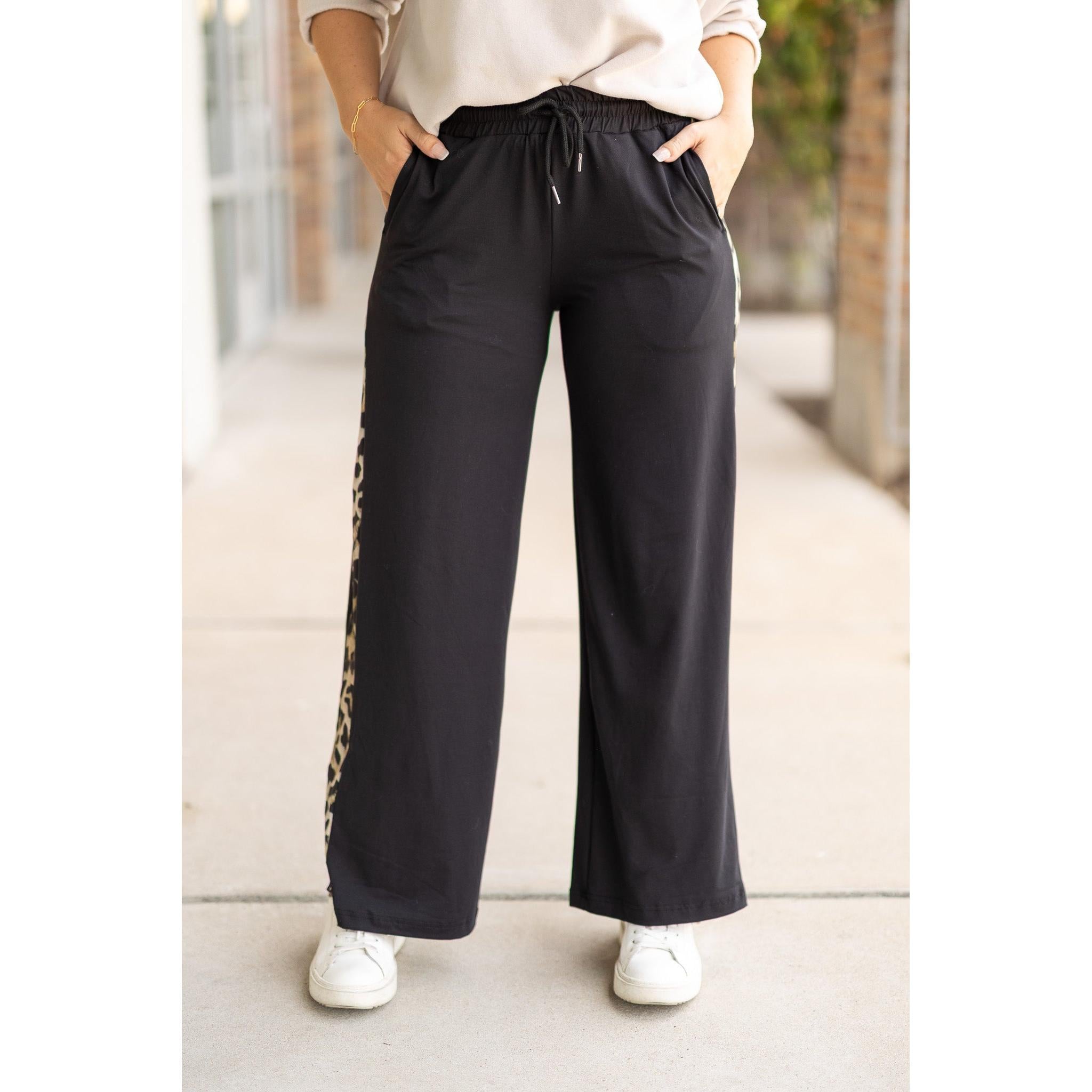 Women's Chelsea - Black Wide Leg with Leopard Panel Loungers
