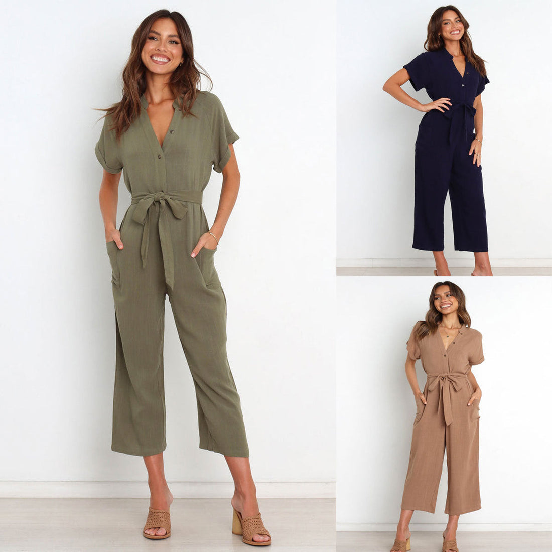 Women's V-Neck Cropped Wide-Leg Knit Jumpsuit