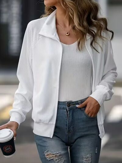 Women's Simple White Zip Up Collared Neck Raglan Sleeve Jacket