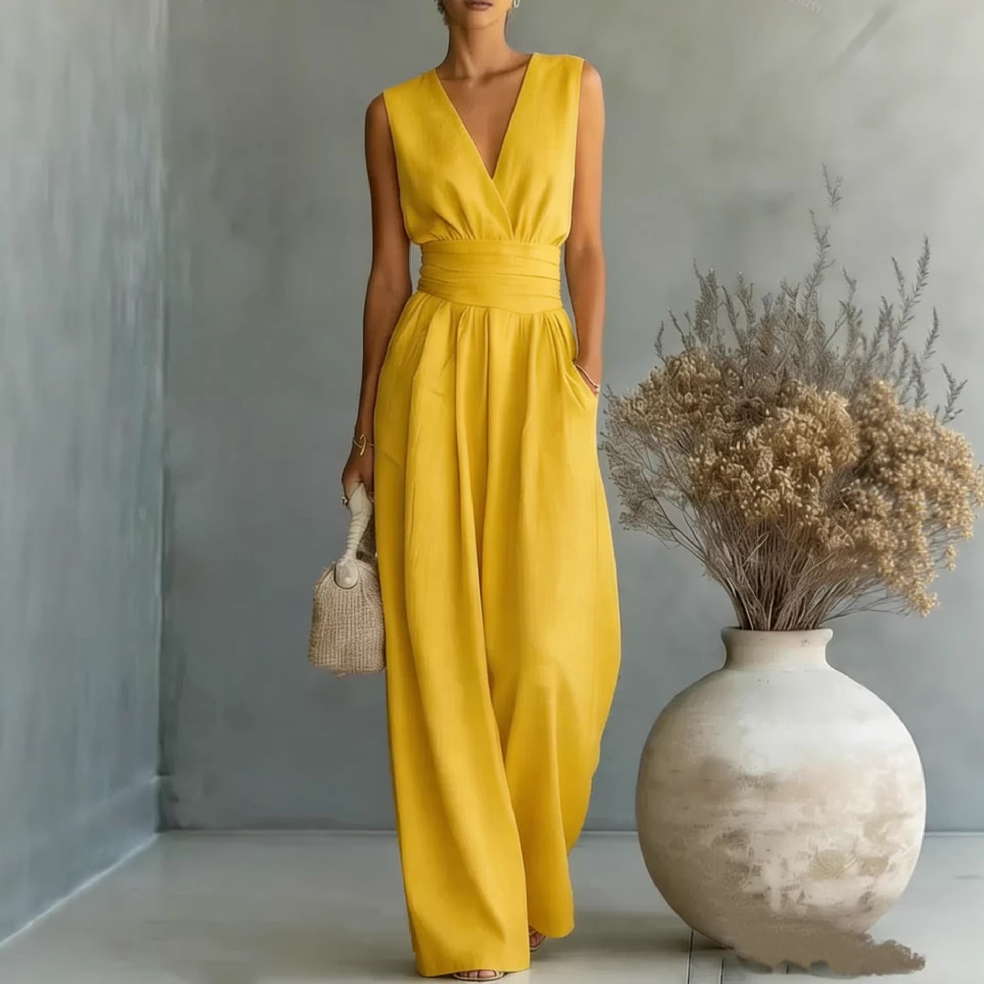 Women's Elegant V-Neck Sleeveless Waist-Cinching Straight Leg Jumpsuit