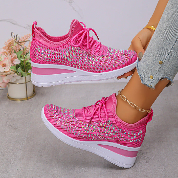 Women's Fashion Rhinestone Lace Up Wedge Sneakers