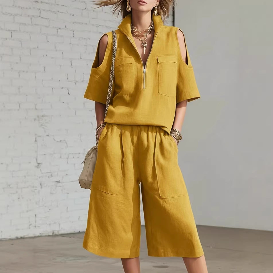 Women's Casual Short-Sleeve Shirt & Loose Shorts Two-Piece Set