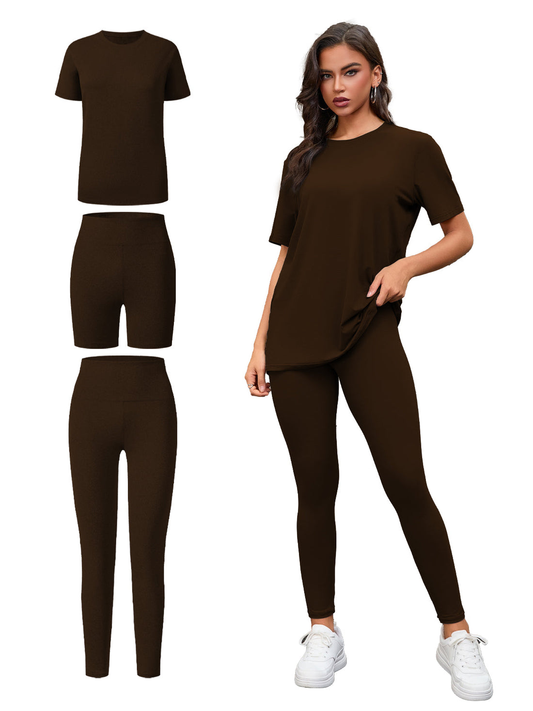Women's Three Piece Set, Round Neck Short Sleeved Top And Shorts And Pants Set, Sports And Casual Clothing See size chart under “more details”