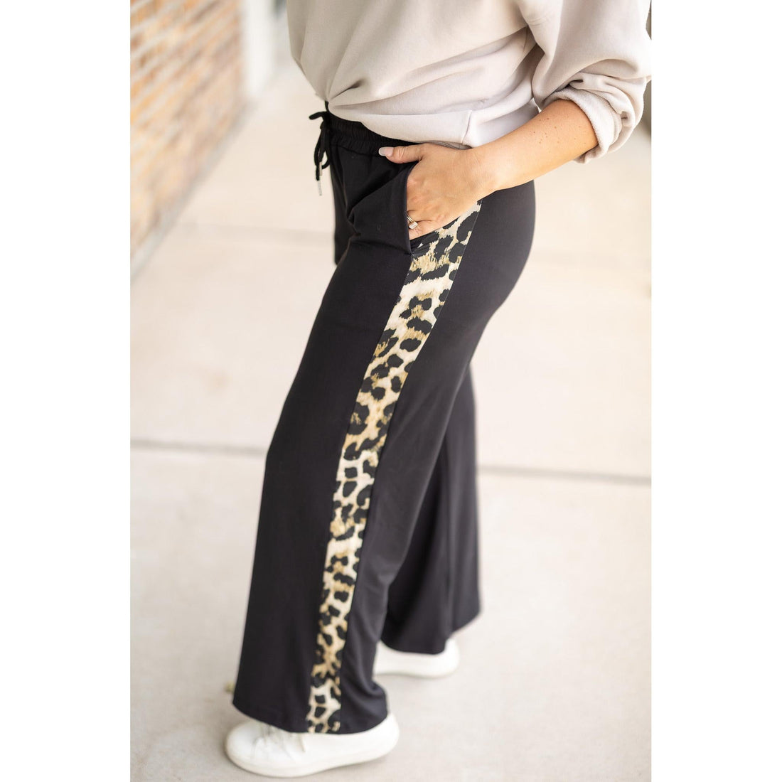 Women's Chelsea - Black Wide Leg with Leopard Panel Loungers