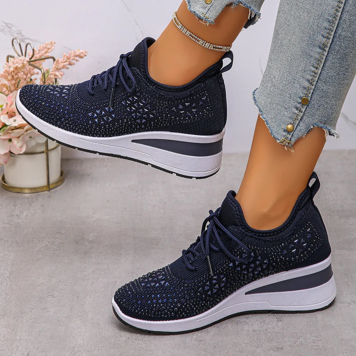 Women's Breathable Mesh Rhinestone Wedge Athletic Sneakers