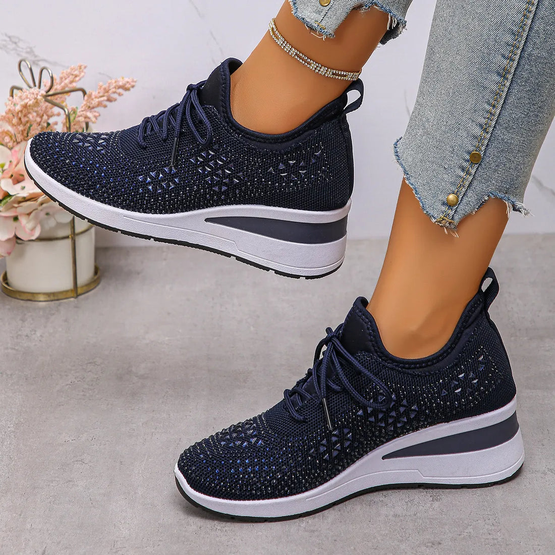 Women's Breathable Mesh Rhinestone Wedge Athletic Sneakers