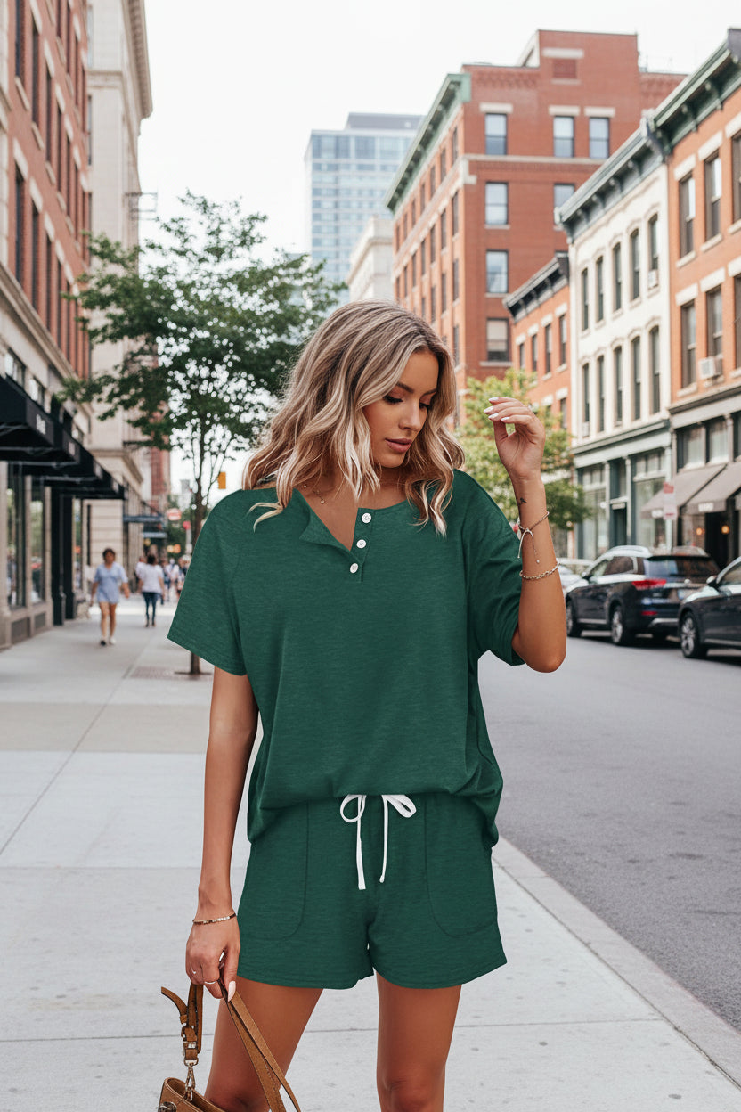 Women's Solid Color Short Sleeve T-Shirt & Shorts Two-Piece Set | 5 Colors