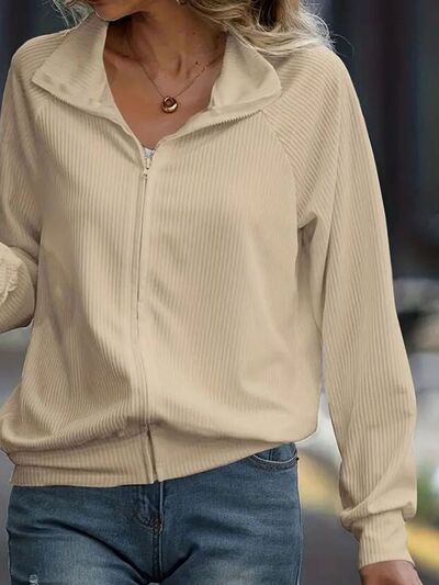 Women's Simple White Zip Up Collared Neck Raglan Sleeve Jacket