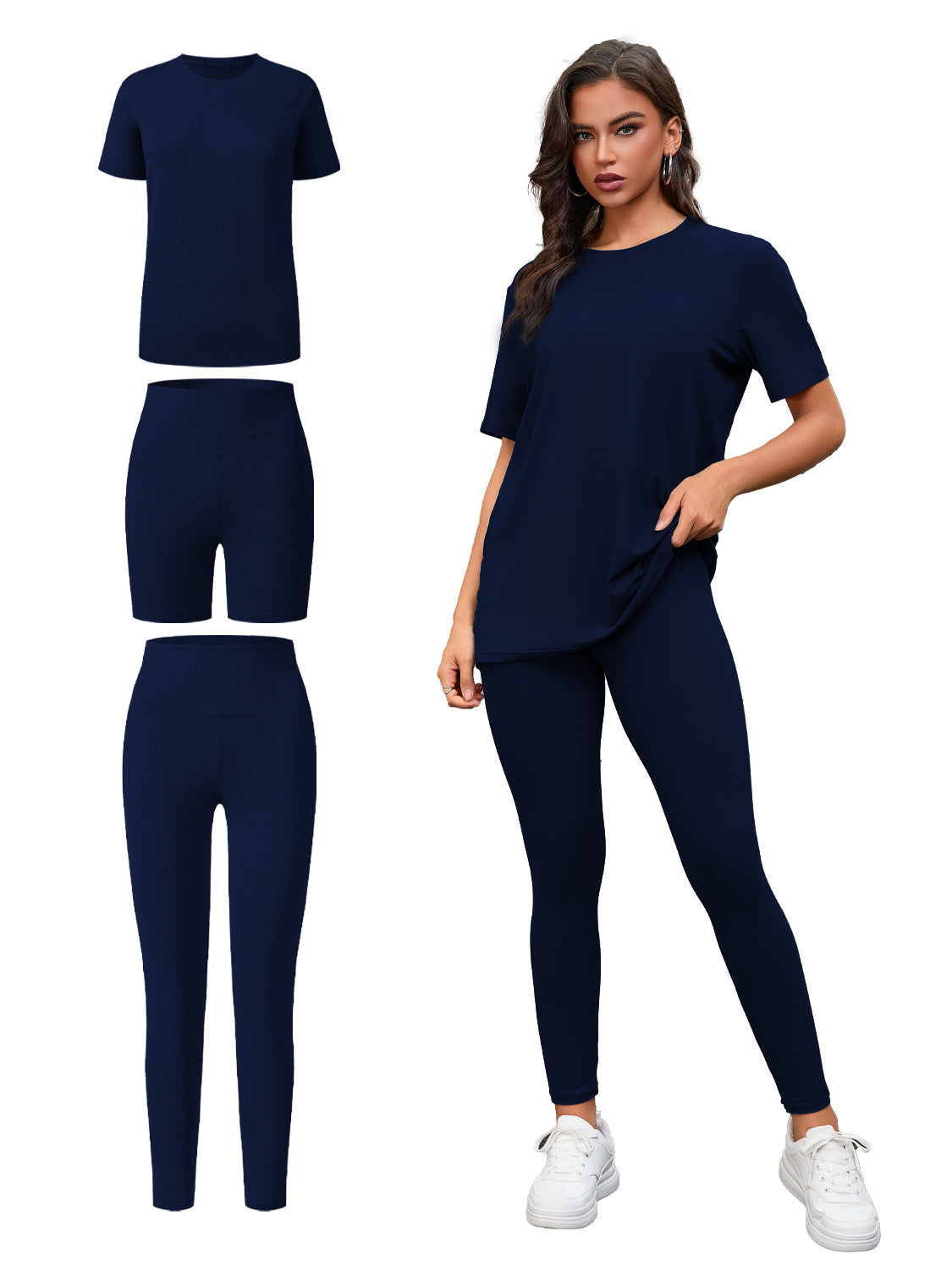 Women's Three Piece Set, Round Neck Short Sleeved Top And Shorts And Pants Set, Sports And Casual Clothing See size chart under “more details”