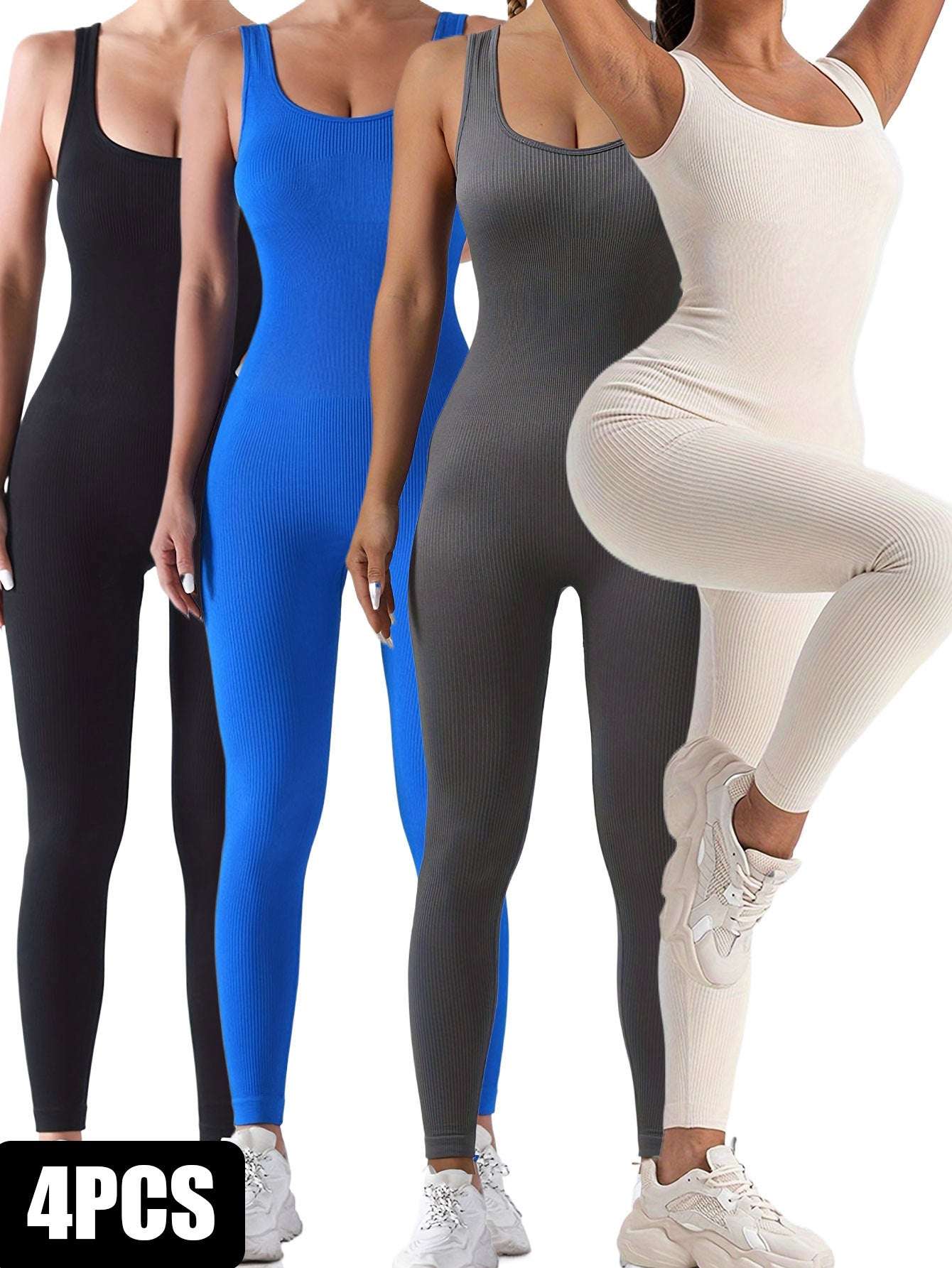 4 Pack Women's Ribbed Solid Color One-Piece Jumpsuit For Sport Casual Wear