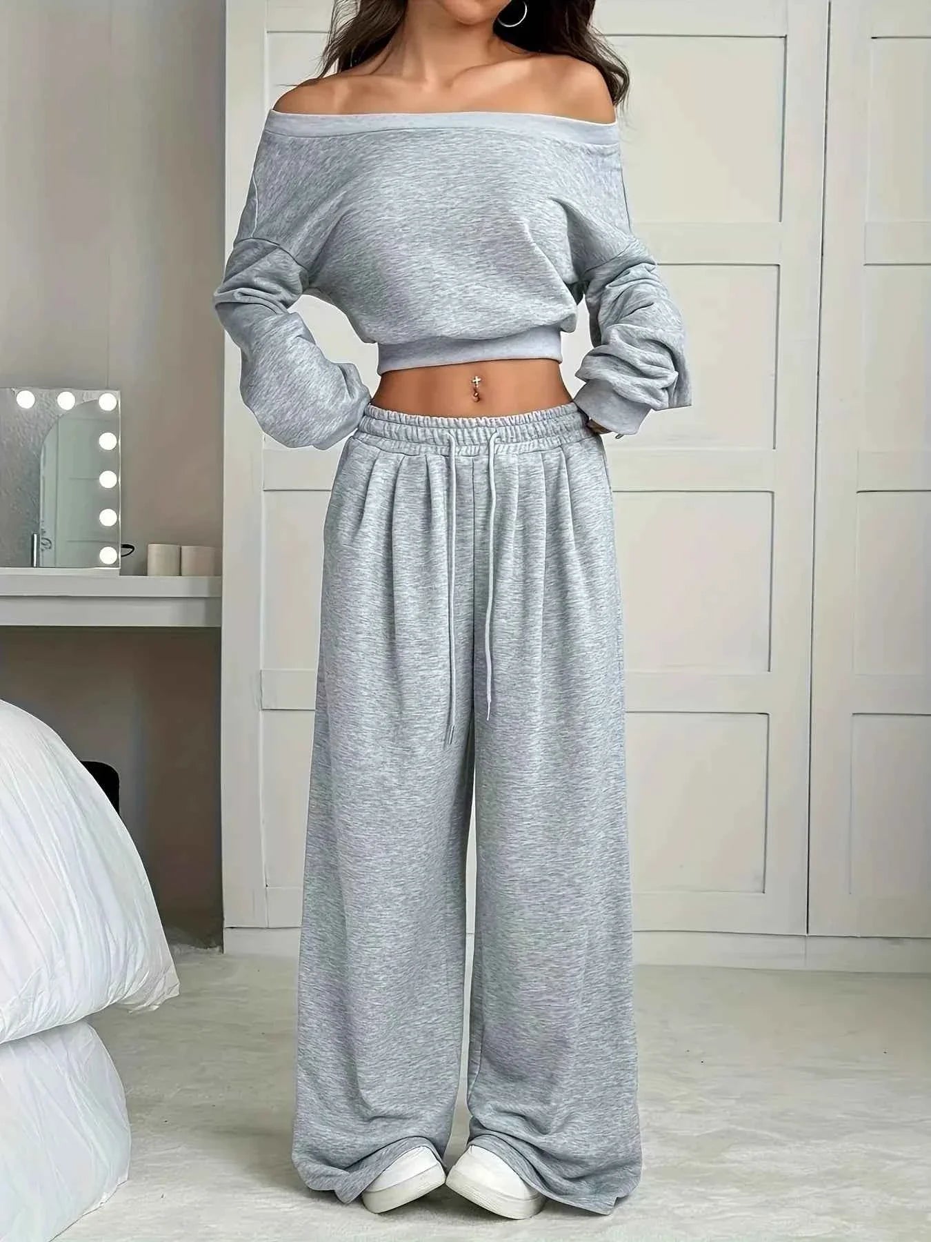 Women's Plus Size Boat Neck Crop Top & Wide Leg Pants Set
