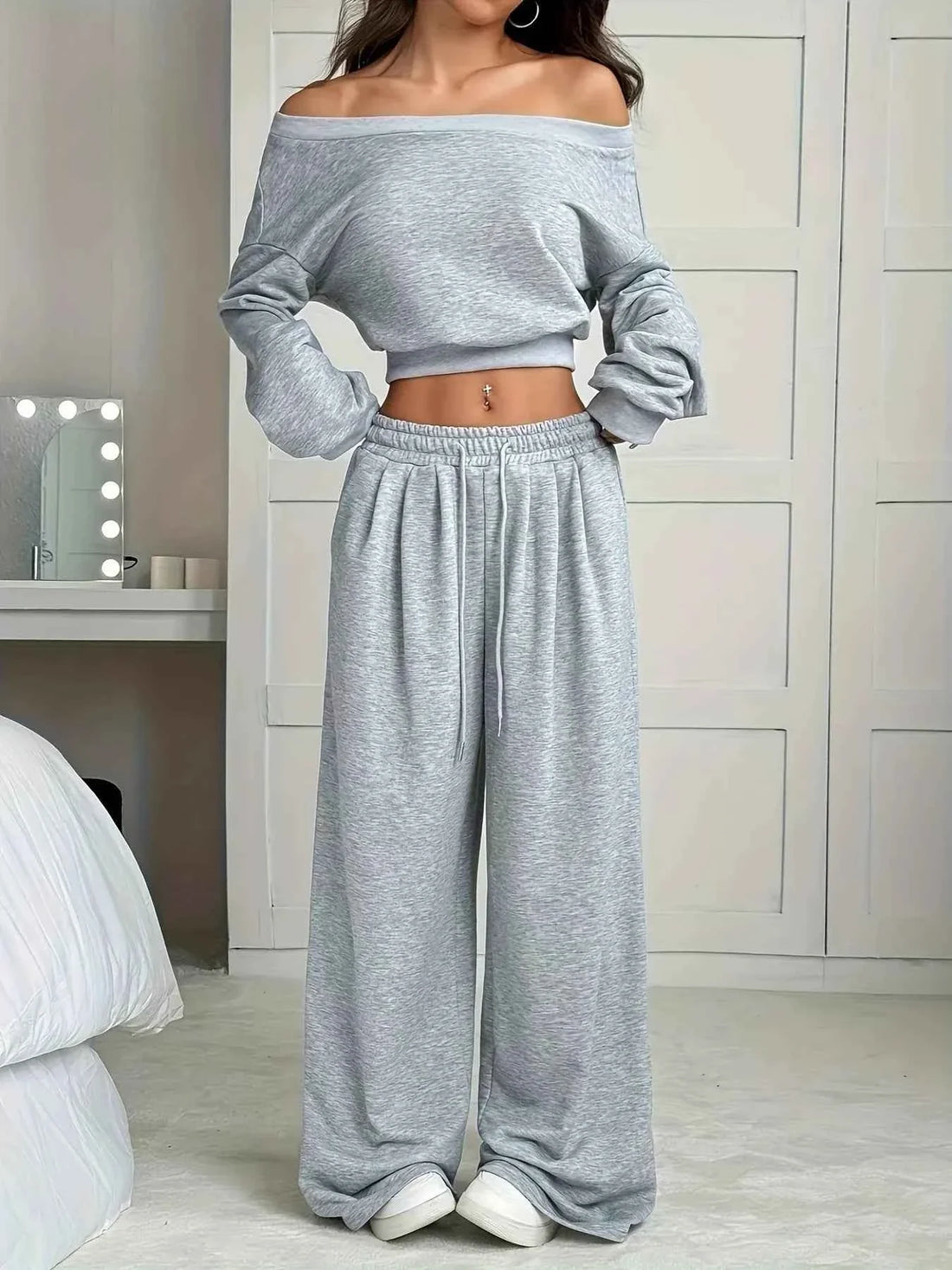 Women's Plus Size Boat Neck Crop Top & Wide Leg Pants Set