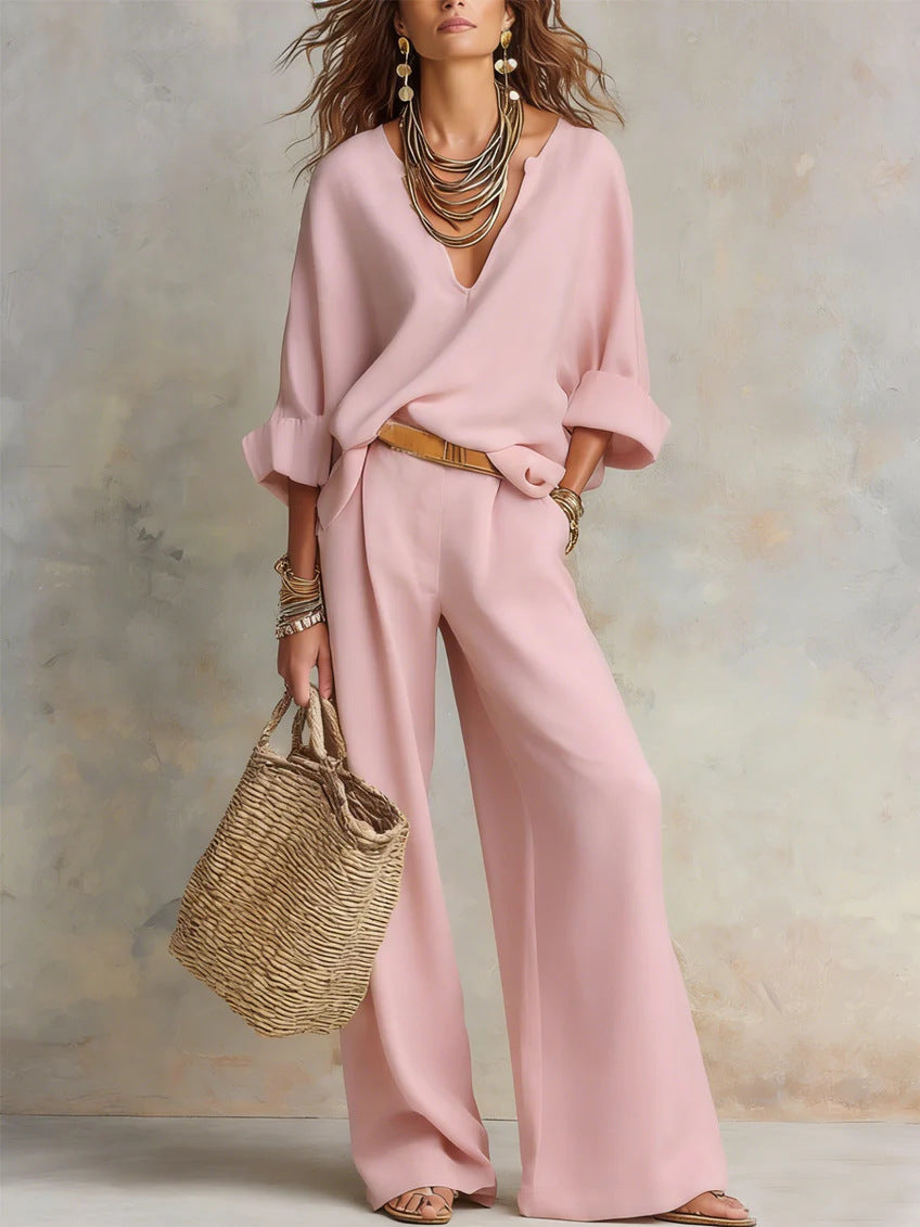 Women's Casual Linen Three-Quarter Sleeve Top & Full-Length Pants Set