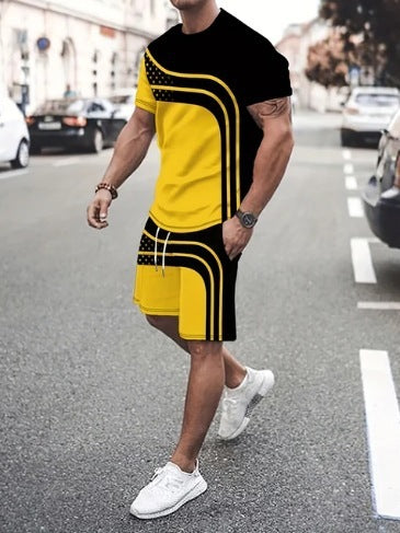 Men's Summer Fashion Trend 3D Digital Printing Short Sleeve Shorts Set