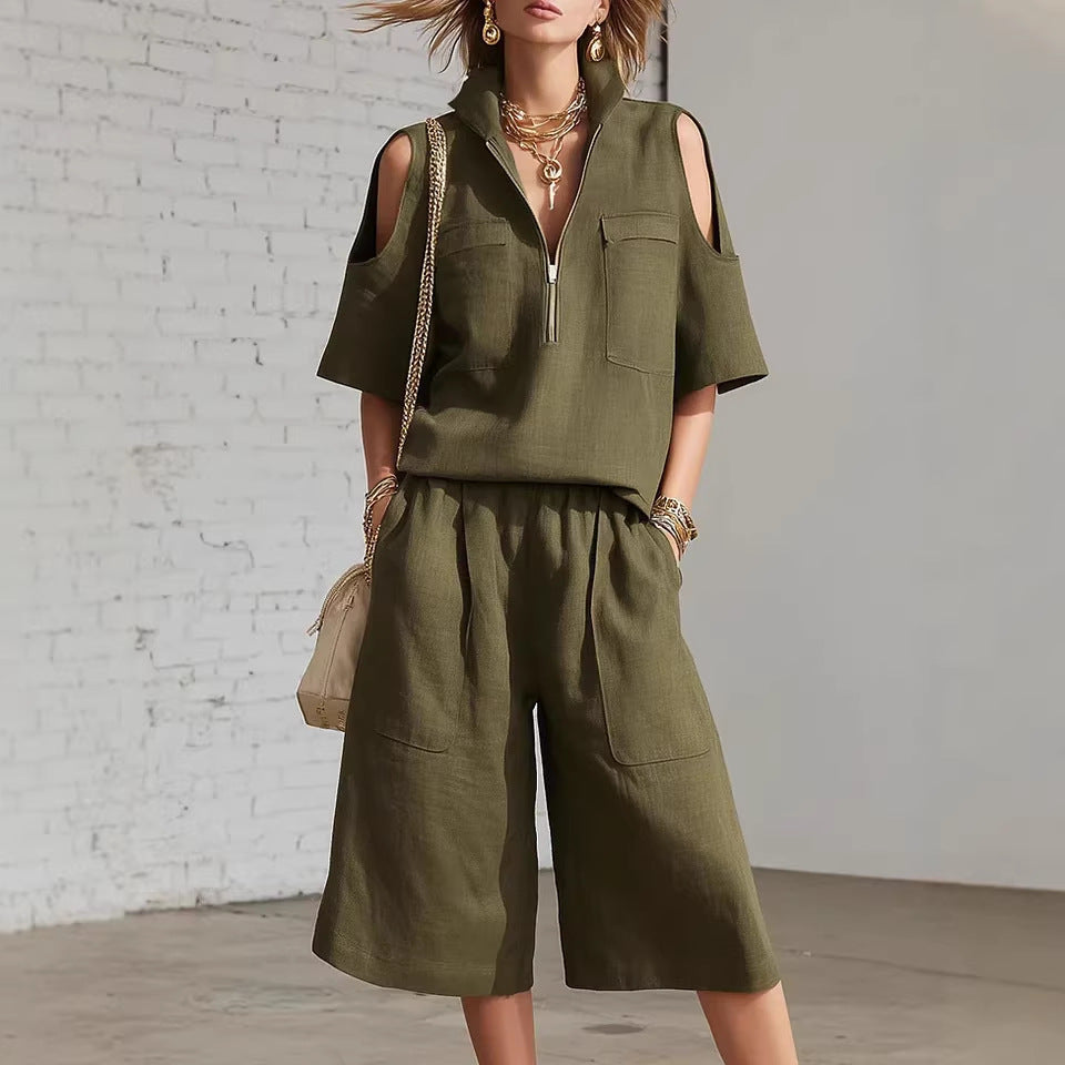 Women's Casual Short-Sleeve Shirt & Loose Shorts Two-Piece Set