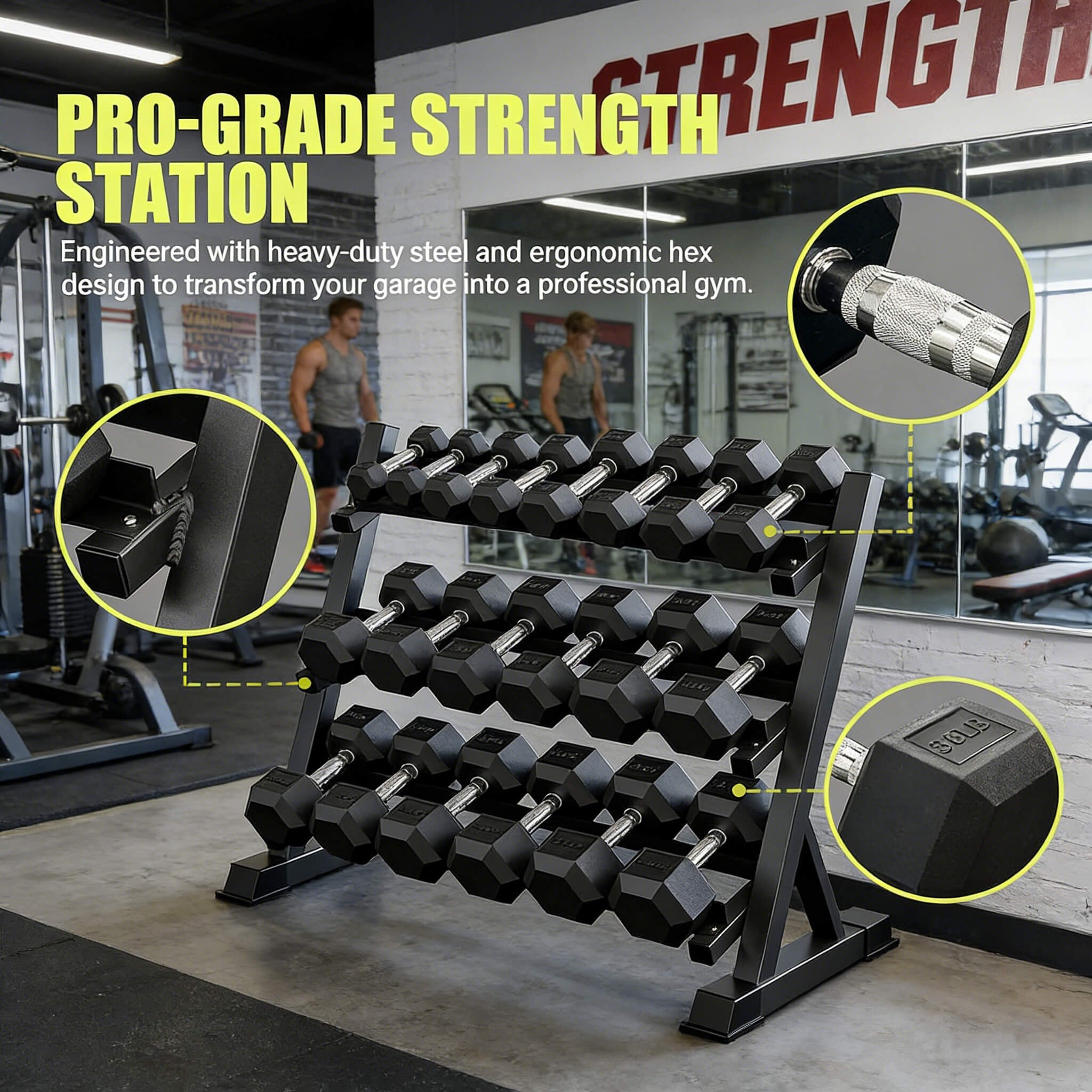 Rovix 450-Pounds Rubber Hex Dumbbell Set With Rack
