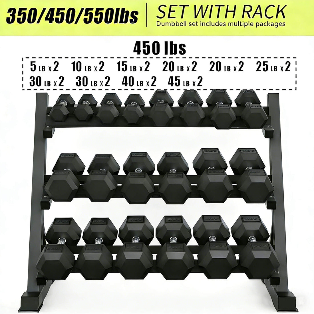 Rovix 450-Pounds Rubber Hex Dumbbell Set With Rack