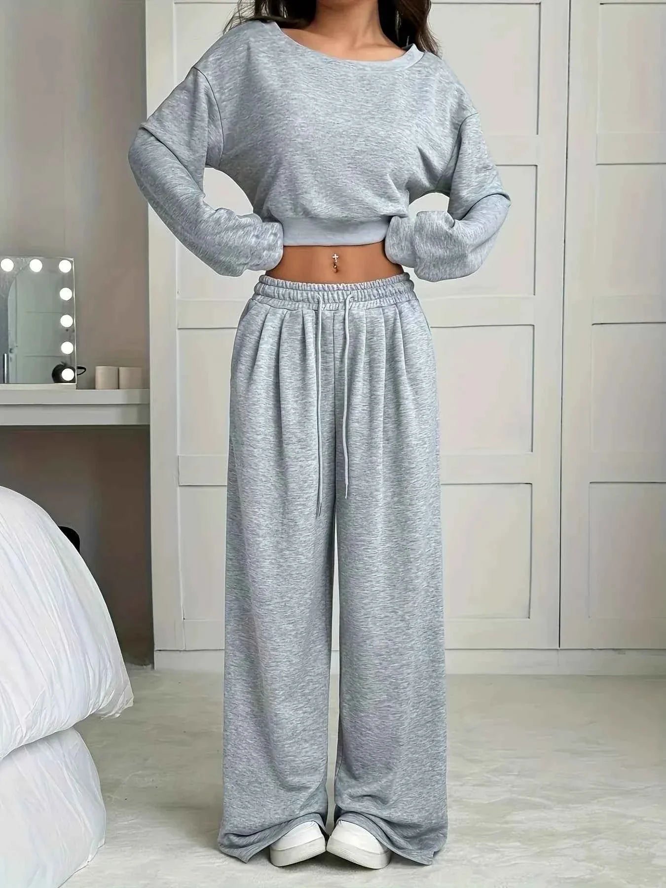 Women's Plus Size Boat Neck Crop Top & Wide Leg Pants Set