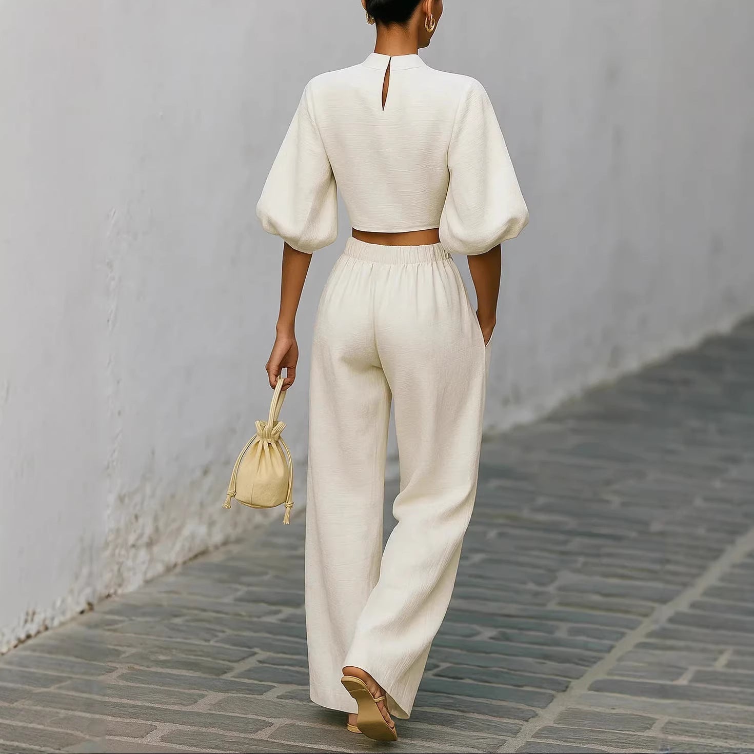 Women’s Casual Two-Piece Outfit Short Top & High-Waisted Pants Set