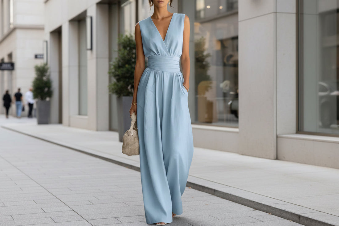 Women's Elegant V-Neck Sleeveless Waist-Cinching Straight Leg Jumpsuit