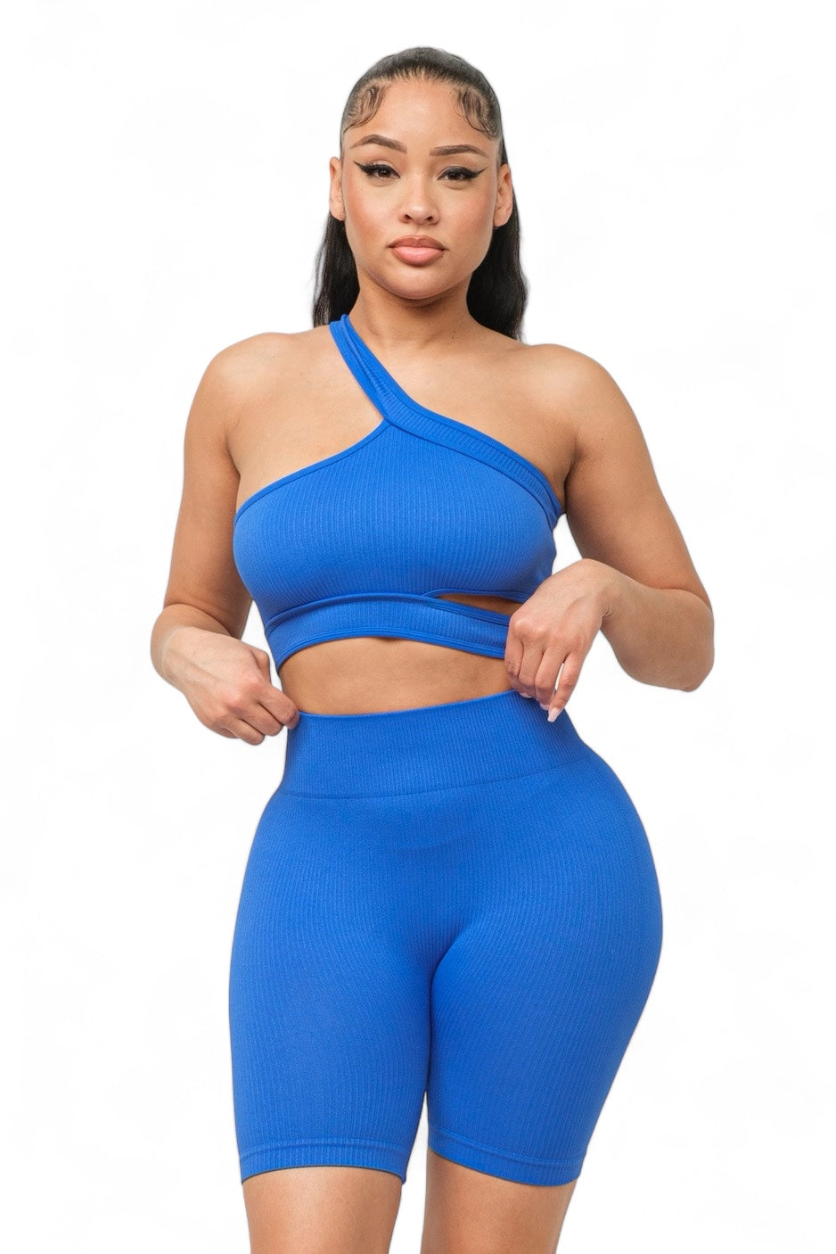 Women's 2 Piece Cut Out One Shoulder Strap Top and Shorts Set