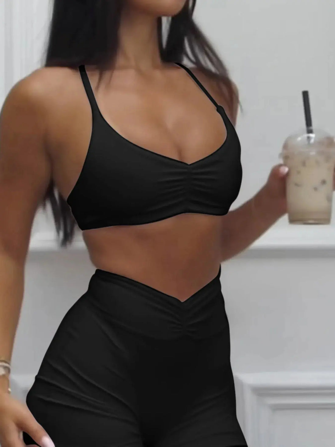 Women's Ruched Sports Bra and High-Waisted Shorts Active Set