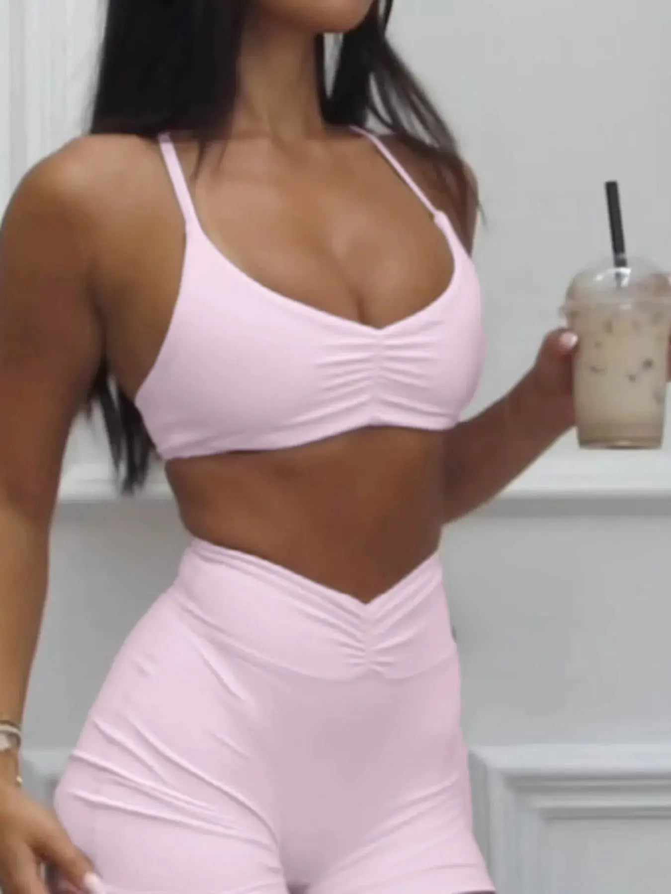 Women's Ruched Sports Bra and High-Waisted Shorts Active Set