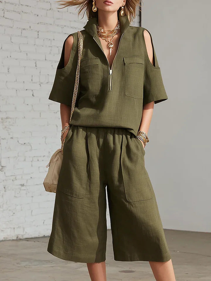 Women's Casual Short-Sleeve Shirt & Loose Shorts Two-Piece Set