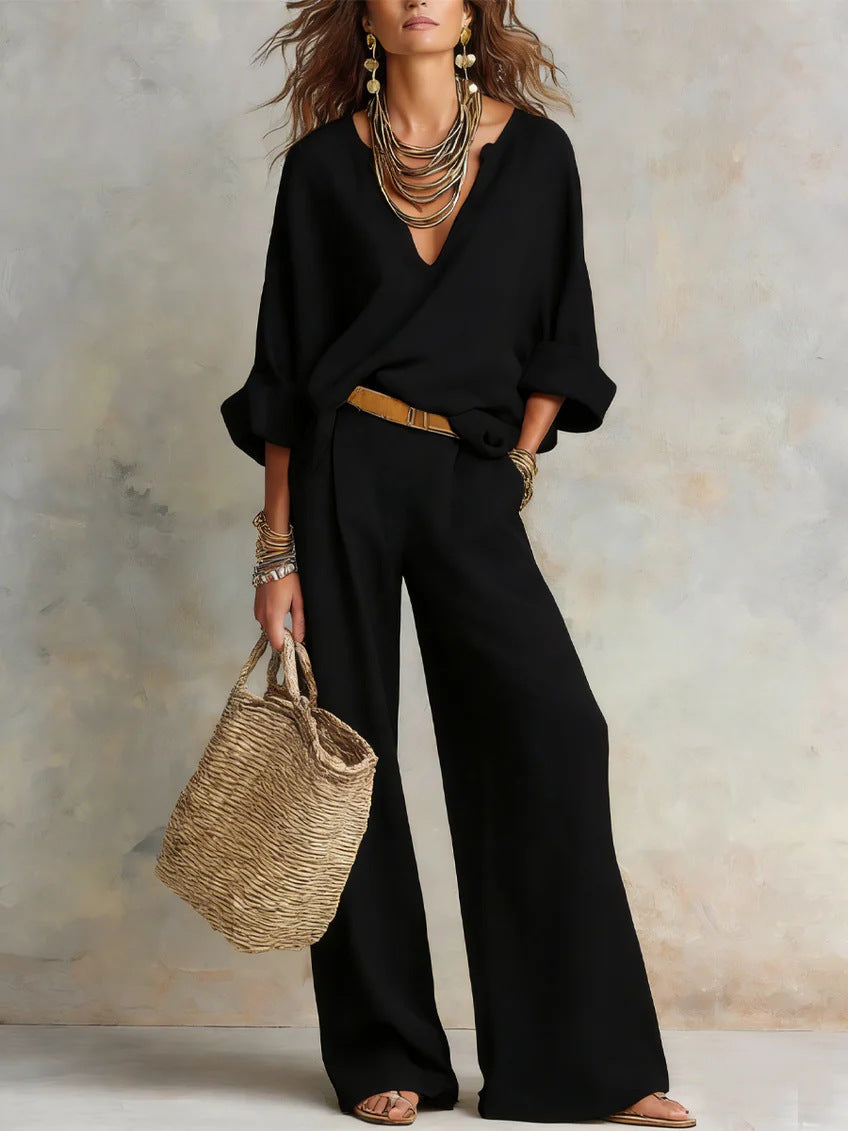 Women's Casual Linen Three-Quarter Sleeve Top & Full-Length Pants Set