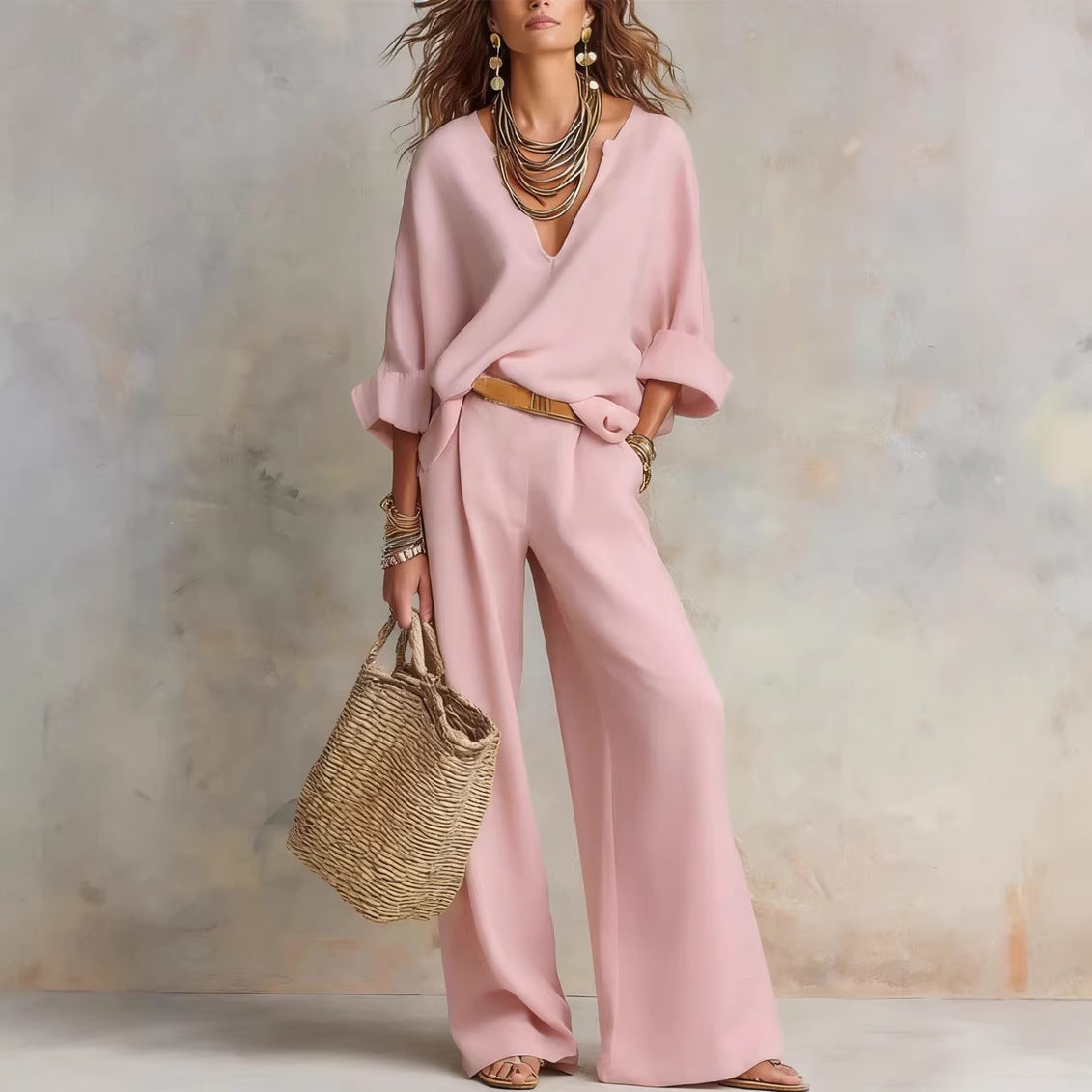Women's Casual Linen Three-Quarter Sleeve Top & Full-Length Pants Set