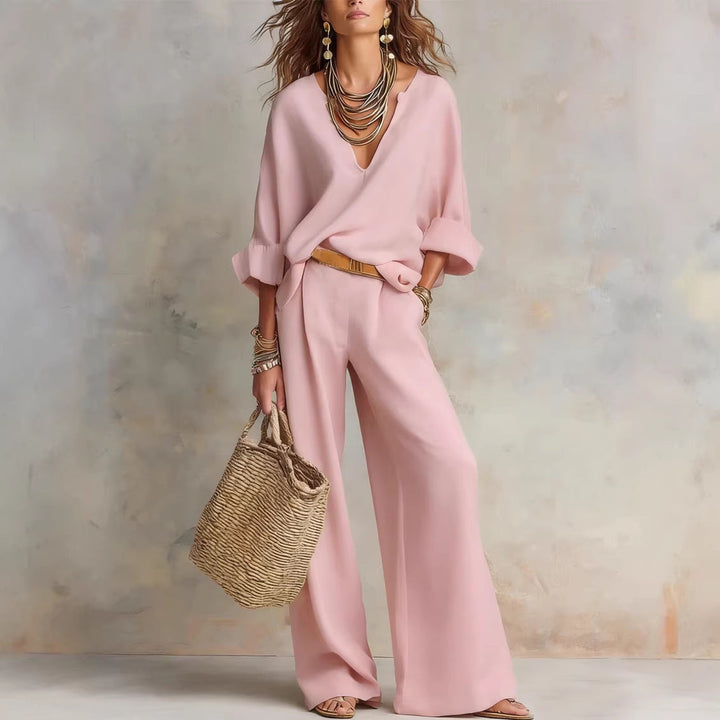 Women's Casual Linen Three-Quarter Sleeve Top & Full-Length Pants Set