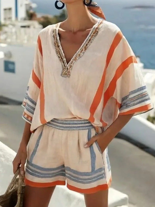 Women's Cotton Striped V Neck Top and Shorts Set