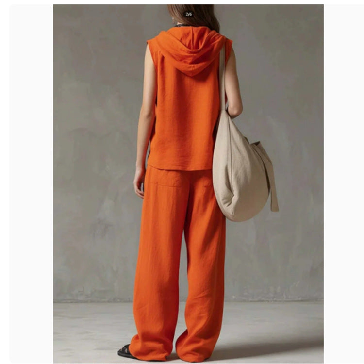 Women's Two-Piece Sleeveless Hooded Top & High-Waist Wide-Leg Pants Set