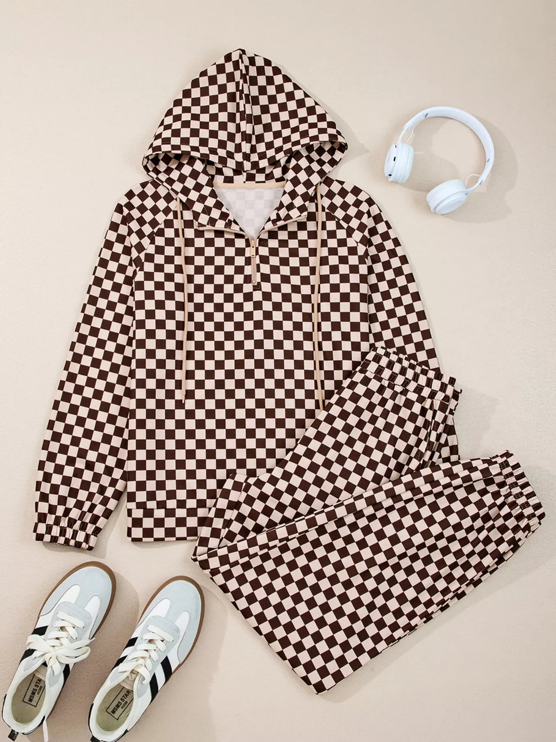 Women's Checkered Drawstring Hoodie and Pants Set