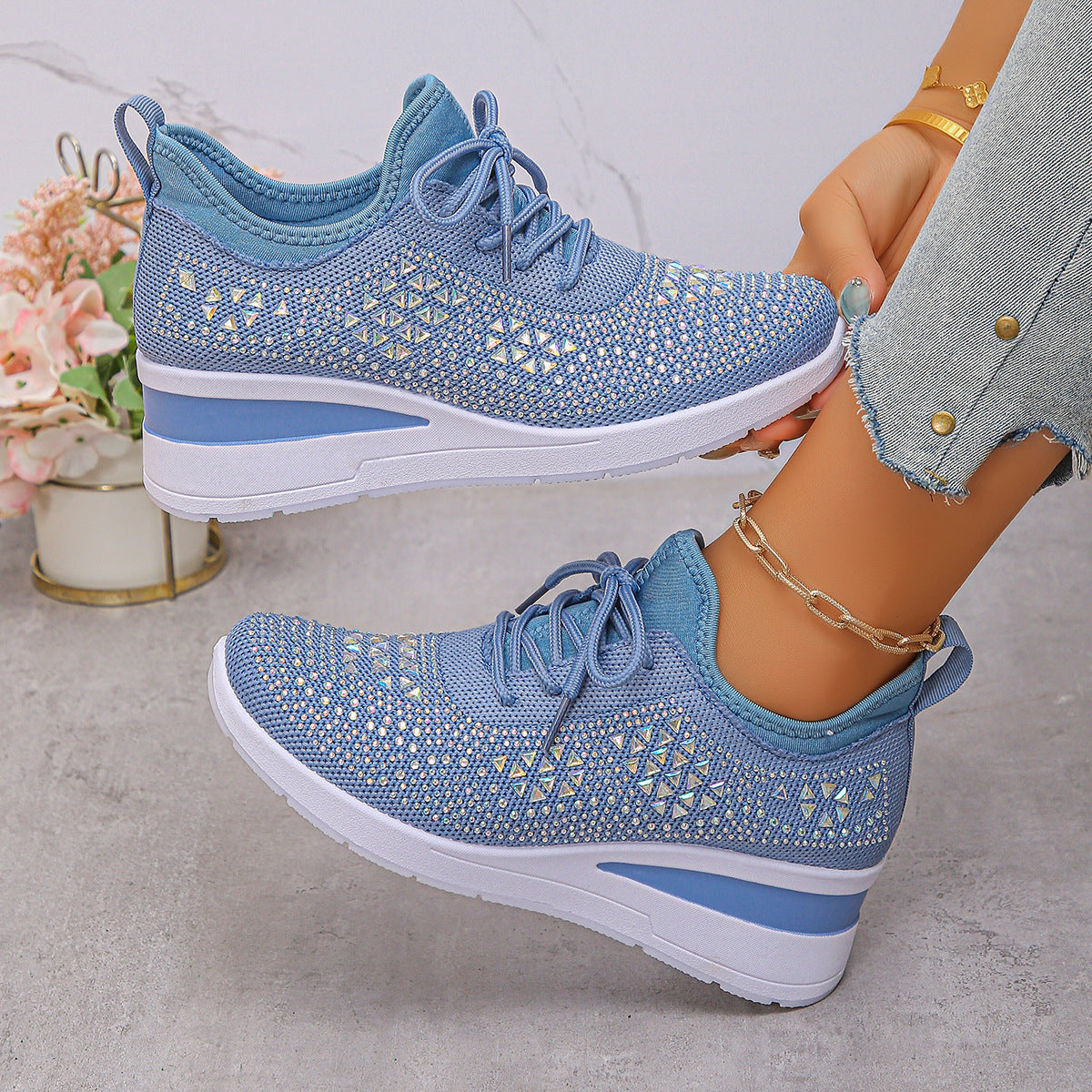 Women's Fashion Rhinestone Lace Up Wedge Sneakers