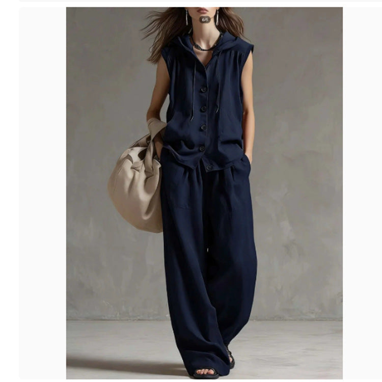 Women's Two-Piece Sleeveless Hooded Top & High-Waist Wide-Leg Pants Set