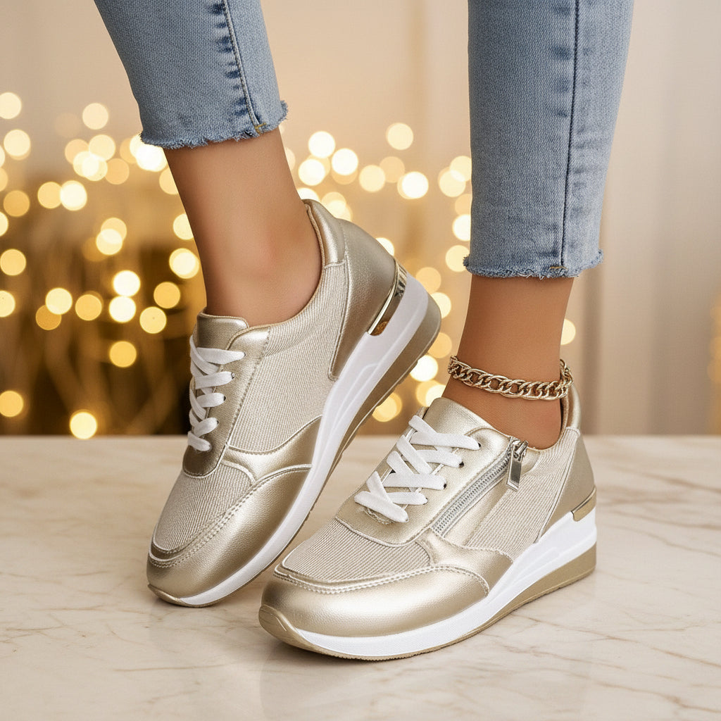 Women's Metallic Lace-Up Side Zipper Thick-Sole Sneakers
