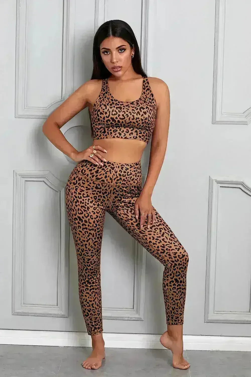 Women's Brown Cheetah Print Sport Bra Pants Set