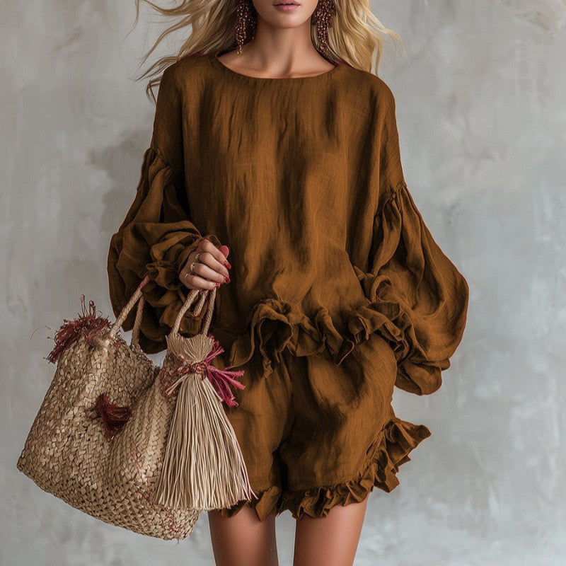 Women's Lantern Sleeve Top & Shorts Two-Piece Set