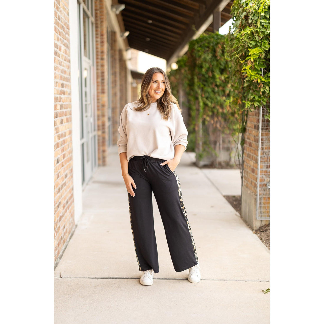 Women's Chelsea - Black Wide Leg with Leopard Panel Loungers