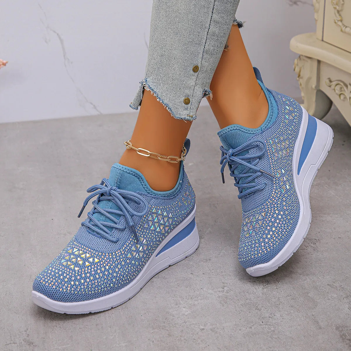 Women's Breathable Mesh Rhinestone Wedge Athletic Sneakers