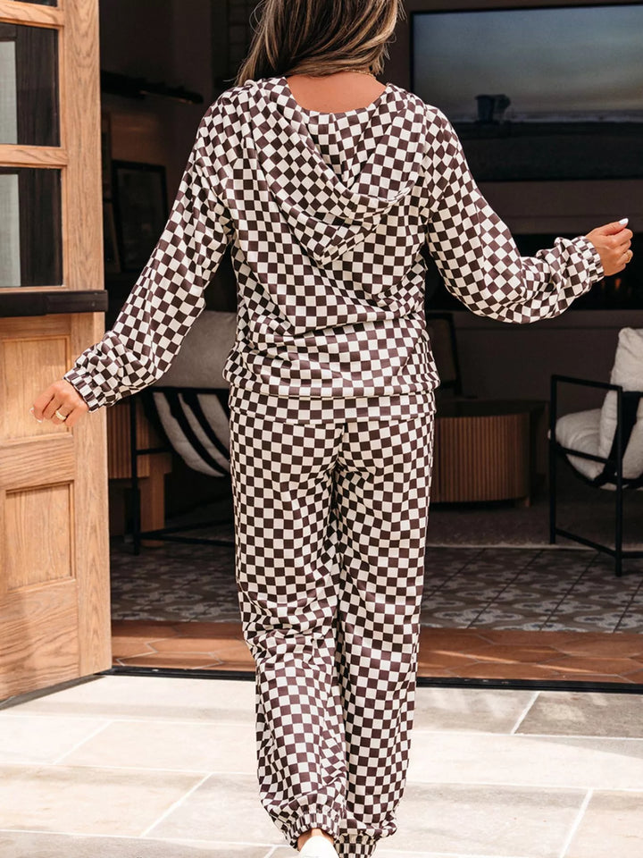 Women's Checkered Drawstring Hoodie and Pants Set