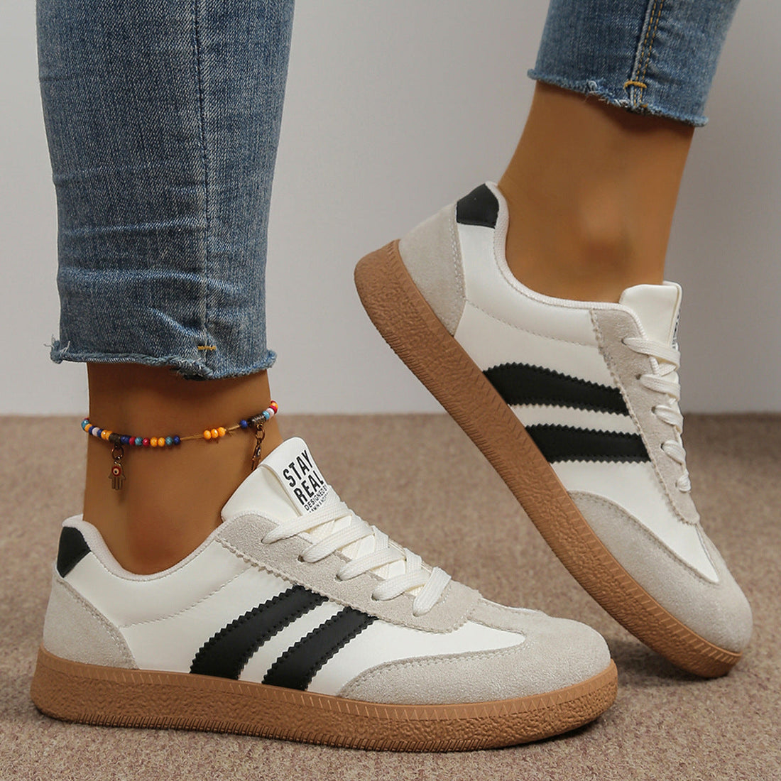 Women's Casual White/Green Sneakers - Breathable Lightweight