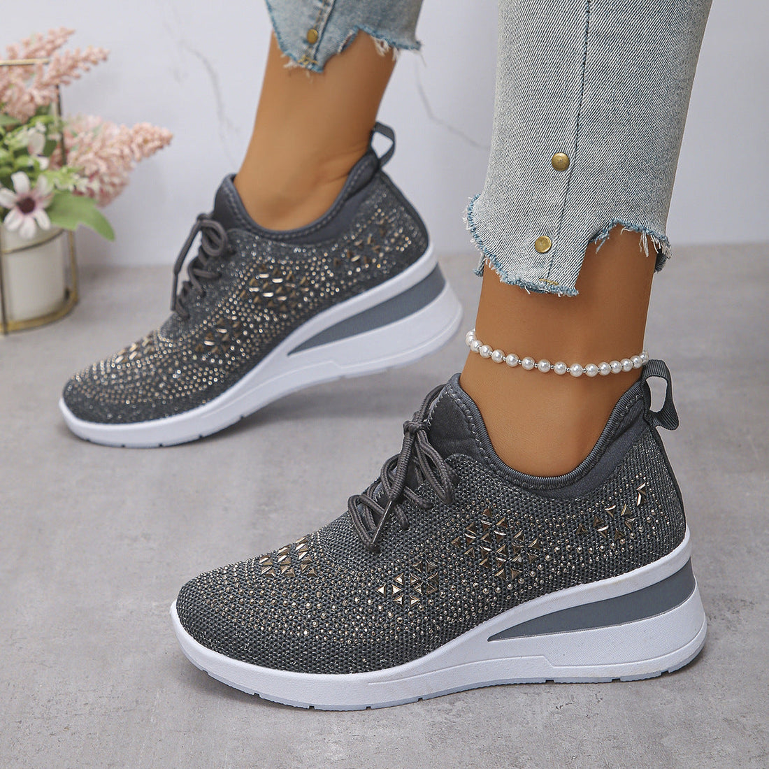 Women's Fashion Rhinestone Lace Up Wedge Sneakers