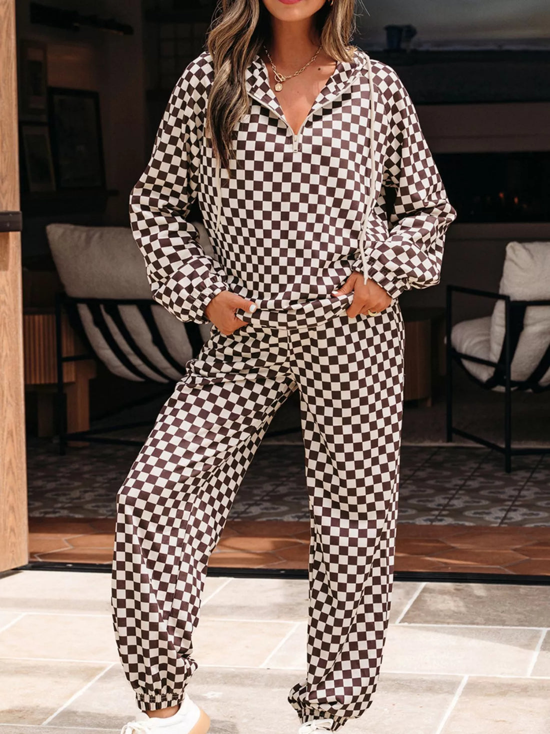 Women's Checkered Drawstring Hoodie and Pants Set