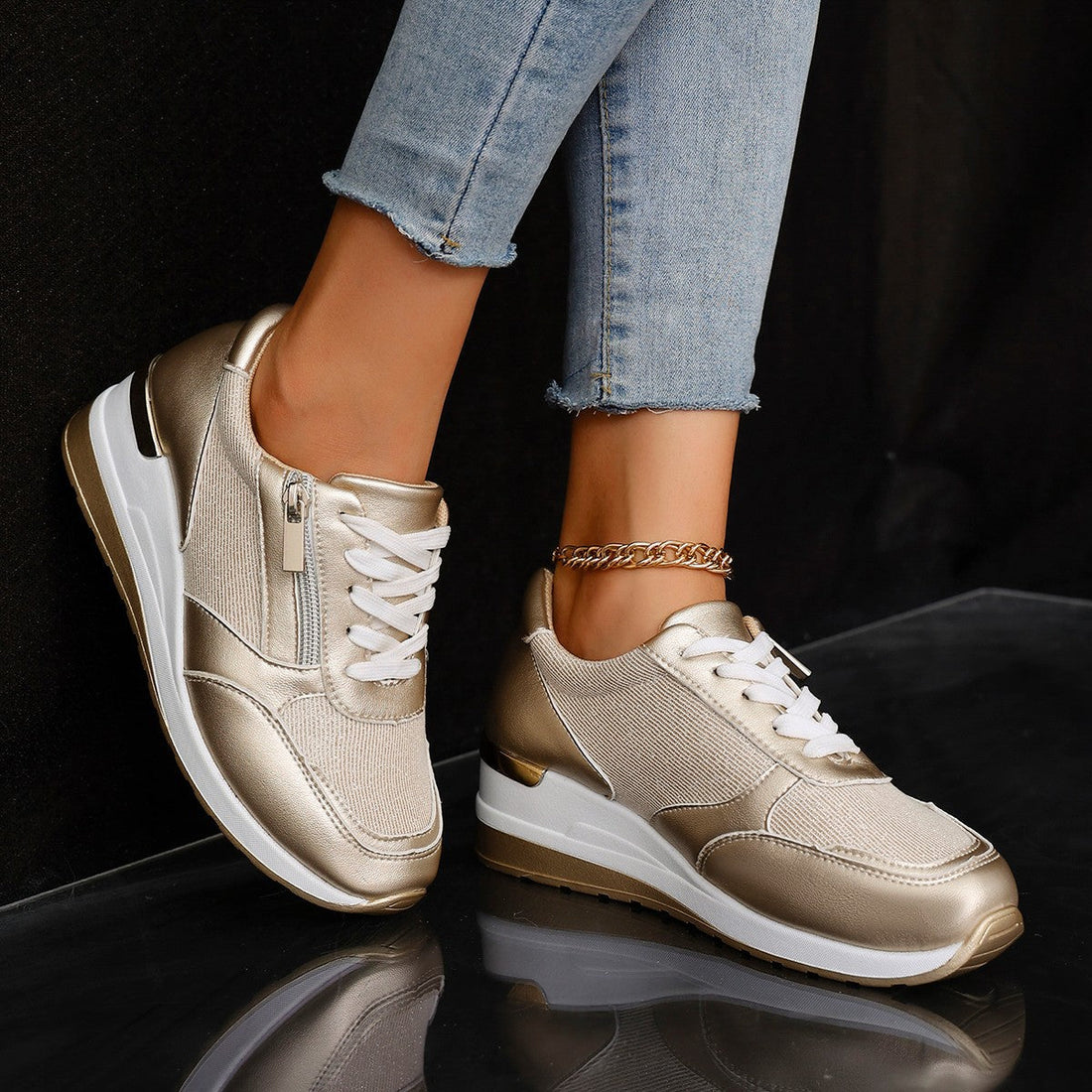 Women's Metallic Lace-Up Side Zipper Thick-Sole Sneakers