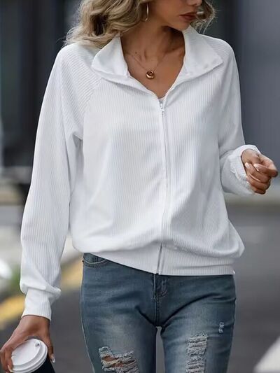 Women's Simple White Zip Up Collared Neck Raglan Sleeve Jacket