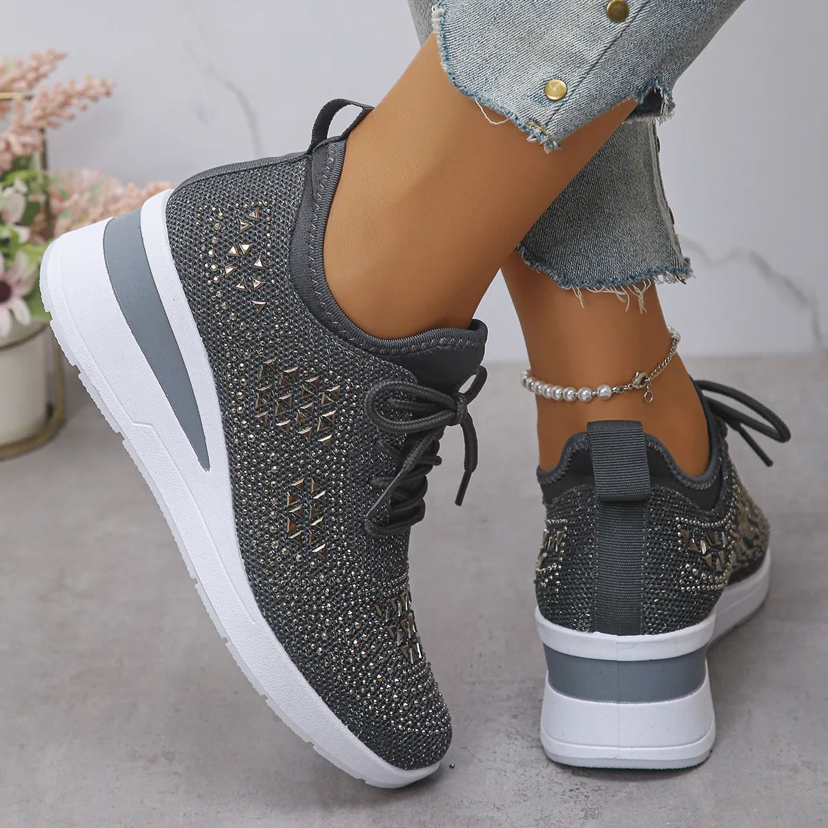Women's Breathable Mesh Rhinestone Wedge Athletic Sneakers